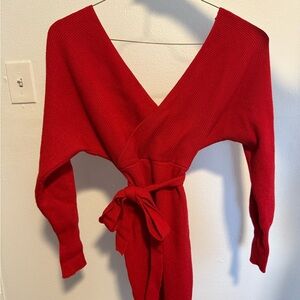 Lush Vibrant Red V-Neck Sweater Dress